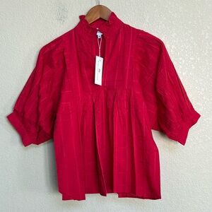NWT Never A Wallflower Red Windowpane Cotton Ruffle Collar Puff Sleeve Blouse XS